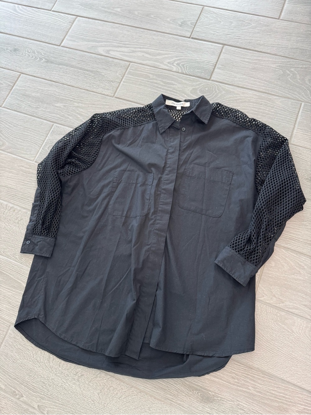 DYLANLEX Oversized Button Down Black Cotton Shirt w Mesh Sleeves Size Small VGUC